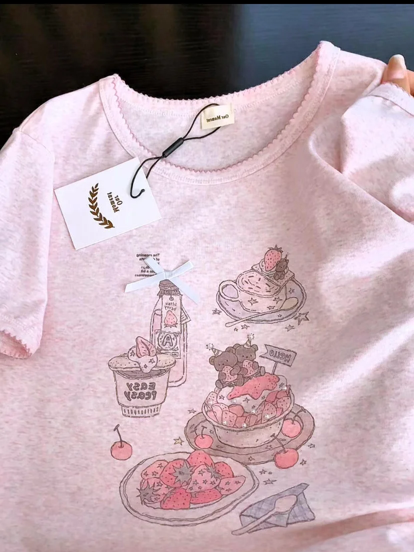 Sweet Style round Neck Short Sleeve T-Shirt Women's Pink Cartoon Print Top Summer Versatile Petite Girl's Fashion Upper Body
Sweet Style round Neck Short Sleeve T-Shirt Women's Pink Cartoon Print Top Summer Versatile Petite Girl's Fashion Upper Body
