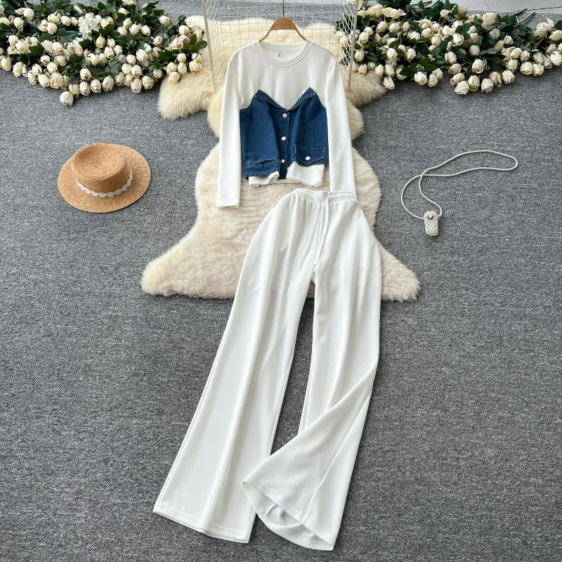 Drawstring Wide Pant Sets Women Casual Two Piece Set Full Sleeve Button Spliced Tops Patchwork High Waist Pants Suits Autumn
Drawstring Wide Pant Sets Women Casual Two Piece Set Full Sleeve Button Spliced Tops Patchwork High Waist Pants Suits Autumn
