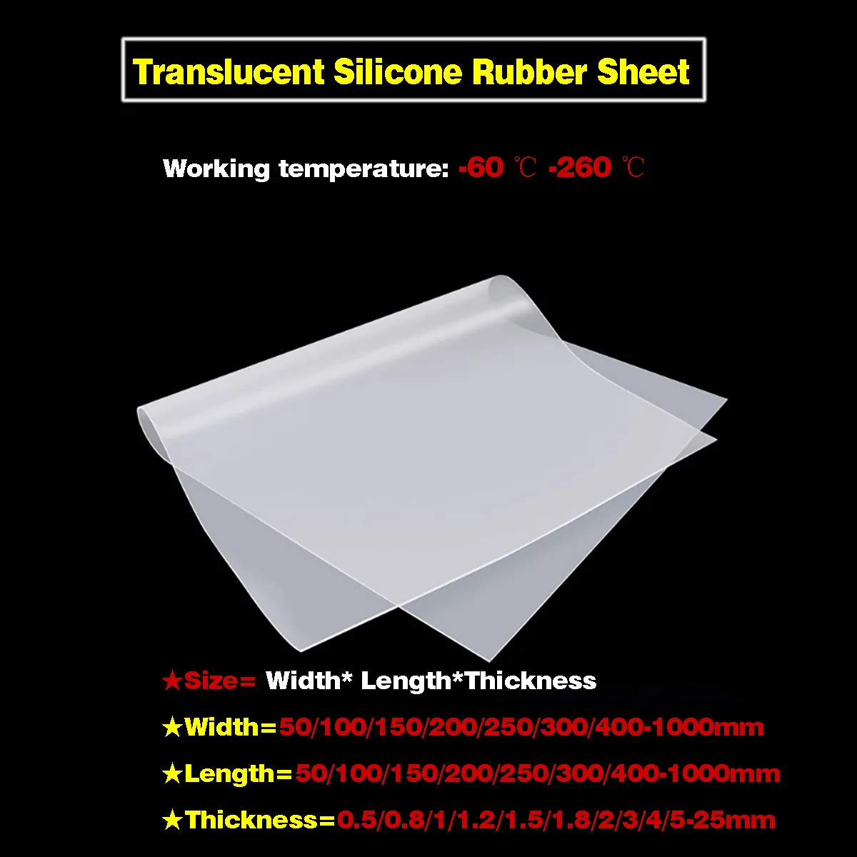 Thickness=0.5-25mmTranslucent Silicone Rubber Sheet High Temp Resistance Food Grade Silica Gel Plate 50x50 100x100 -1000x1000mm
Thickness=0.5-25mmTranslucent Silicone Rubber Sheet High Temp Resistance Food Grade Silica Gel Plate 50x50 100x100 -1000x1000mm