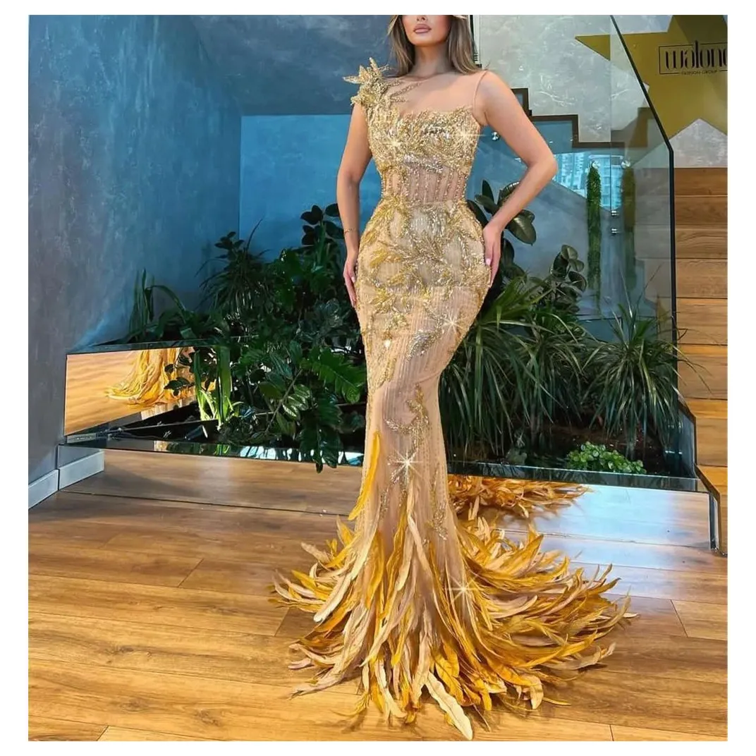 Luxury Prom Dress Mermaid Evening Dresses Sleeveless Appliques Beads Diamonds Feather Train Prom Gowns Plus Size Customized
Luxury Prom Dress Mermaid Evening Dresses Sleeveless Appliques Beads Diamonds Feather Train Prom Gowns Plus Size Customized
