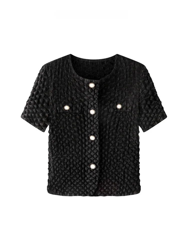 Elegant Pleated round Neck Short Sleeve T-Shirt Women's Summer Fashion Versatile Slimming Single Button Top Polyester Fiber
Elegant Pleated round Neck Short Sleeve T-Shirt Women's Summer Fashion Versatile Slimming Single Button Top Polyester Fiber