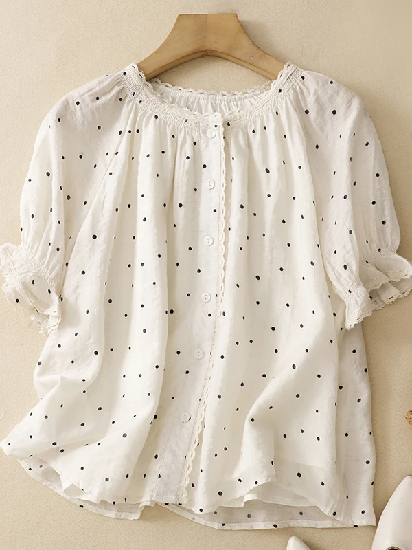 Retro Polka Dot Bubble Sleeve Shirt Women's Loose Lace Trim Top Breathable Comfortable Summer New Style Slimming Effect
Retro Polka Dot Bubble Sleeve Shirt Women's Loose Lace Trim Top Breathable Comfortable Summer New Style Slimming Effect
