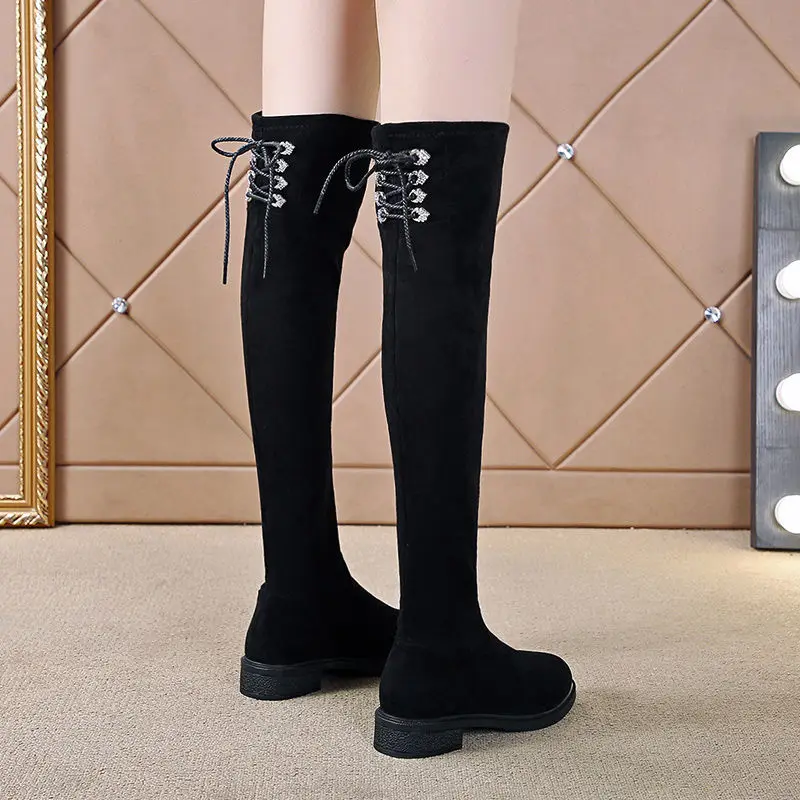 Women S 2025 New Spring Autumn Low Heel Lace Up Over Knee Suede Round Toe Slimming Black High Boots for Work
Women S 2025 New Spring Autumn Low Heel Lace Up Over Knee Suede Round Toe Slimming Black High Boots for Work