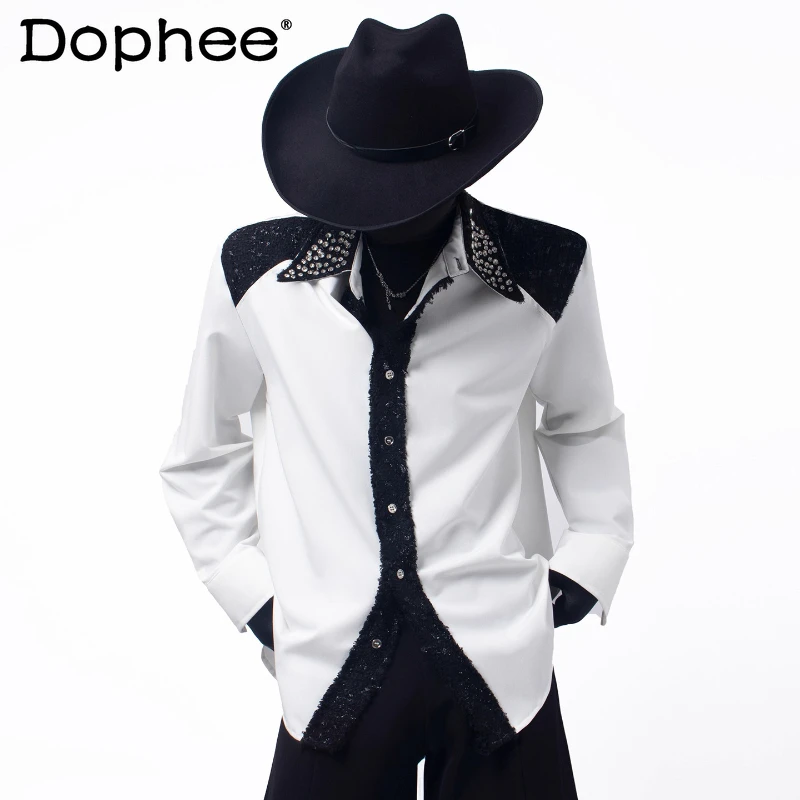 Men's 2025 Autumn New Small Fragrant Splicing Rhinestone Shirts Loose Versatile Trendy Long Sleeve Shirts Contrast Color Tops 
Men's 2025 Autumn New Small Fragrant Splicing Rhinestone Shirts Loose Versatile Trendy Long Sleeve Shirts Contrast Color Tops