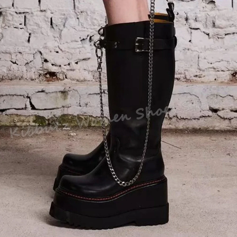 Thick Bottom Knee High Boots Platform Belt Buckle Round Toe Wedges Genuine Leather Solid Color Fashion Concise Sexy Women Shoes
Thick Bottom Knee High Boots Platform Belt Buckle Round Toe Wedges Genuine Leather Solid Color Fashion Concise Sexy Women Shoes