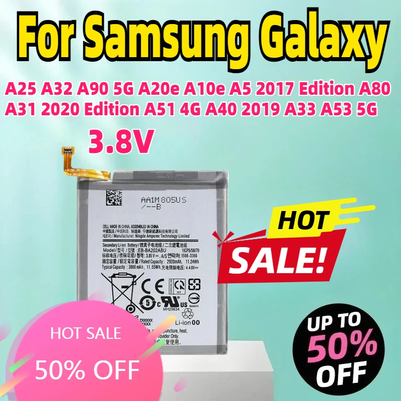Аккумулятор 3,8 В для Samsung Galaxy A25 A32 A90 5G A20e A10e A5 2017 Edition A80 A31 2020 Edition A51 4G A40 2019 A33 A53 5G
Аккумулятор 3,8 В для Samsung Galaxy A25 A32 A90 5G A20e A10e A5 2017 Edition A80 A31 2020 Edition A51 4G A40 2019 A33 A53 5G
