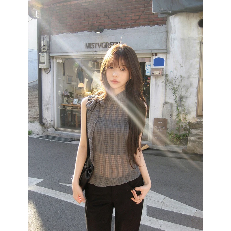 MEXZT Vintage Striped Shirts Women Harajuku Sheer Bow Lace Up Blouses Summer Ladies Korean Stand Sleeveless Casual Design Tops
MEXZT Vintage Striped Shirts Women Harajuku Sheer Bow Lace Up Blouses Summer Ladies Korean Stand Sleeveless Casual Design Tops