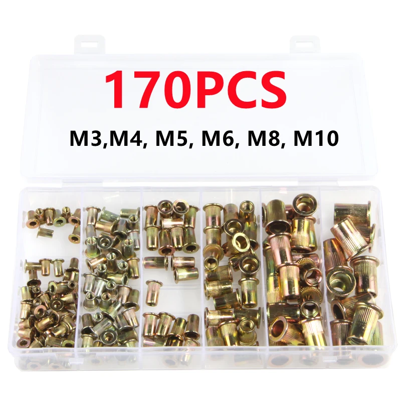 170PCS/lot Carbon Steel Rivet Nuts M3 M4 M5 M6 M8 M10 Flat Head Rivet Nuts Set Multi Size Insert Rivets Hardware Parts
170PCS/lot Carbon Steel Rivet Nuts M3 M4 M5 M6 M8 M10 Flat Head Rivet Nuts Set Multi Size Insert Rivets Hardware Parts