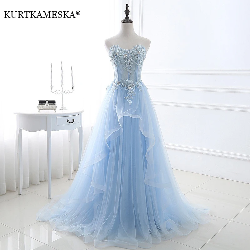 Blue Strapless Tulle Prom Dress Floral Lace Beaded Sheer Corset Bodice Ruffle Layered A-Line Floor Length Formal Evening Gown
Blue Strapless Tulle Prom Dress Floral Lace Beaded Sheer Corset Bodice Ruffle Layered A-Line Floor Length Formal Evening Gown