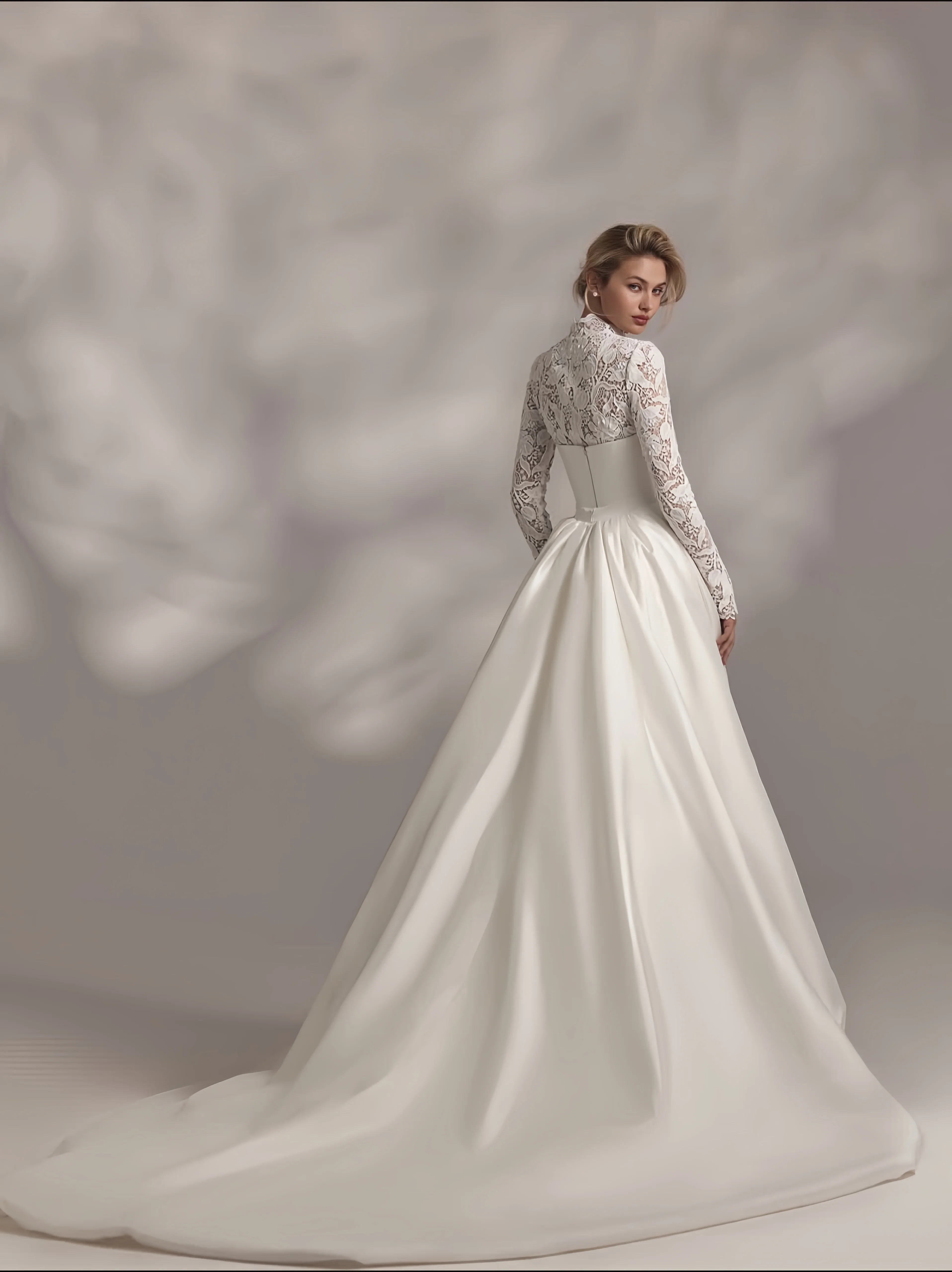 Customized luxury high-neck satin weddingdress, lace applique, tailline bridal dress, evening dress, front yard Vestido De Novia
Customized luxury high-neck satin weddingdress, lace applique, tailline bridal dress, evening dress, front yard Vestido De Novia