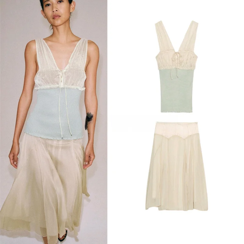 High Waist Color Block Lace Midi Skirt V-Neck Gathered Wide Shoulder Strap Top Fashionable Spring Outfit Women's Set
High Waist Color Block Lace Midi Skirt V-Neck Gathered Wide Shoulder Strap Top Fashionable Spring Outfit Women's Set