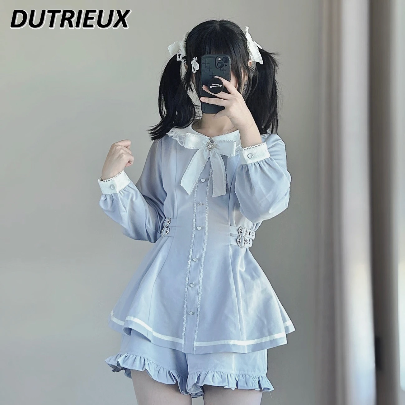 Two Piece Sets Womens Outfits Original Mine Mass-Produced Heart Buckle Lace Waist Dress Long-Sleeve Shirt and Base Shorts Suit
Two Piece Sets Womens Outfits Original Mine Mass-Produced Heart Buckle Lace Waist Dress Long-Sleeve Shirt and Base Shorts Suit