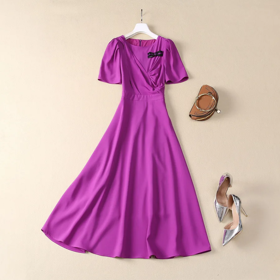 European and American women's clothing 2024 fall new Short sleeve bow with round neck fashion Purple pleated dress XXL
European and American women's clothing 2024 fall new Short sleeve bow with round neck fashion Purple pleated dress XXL