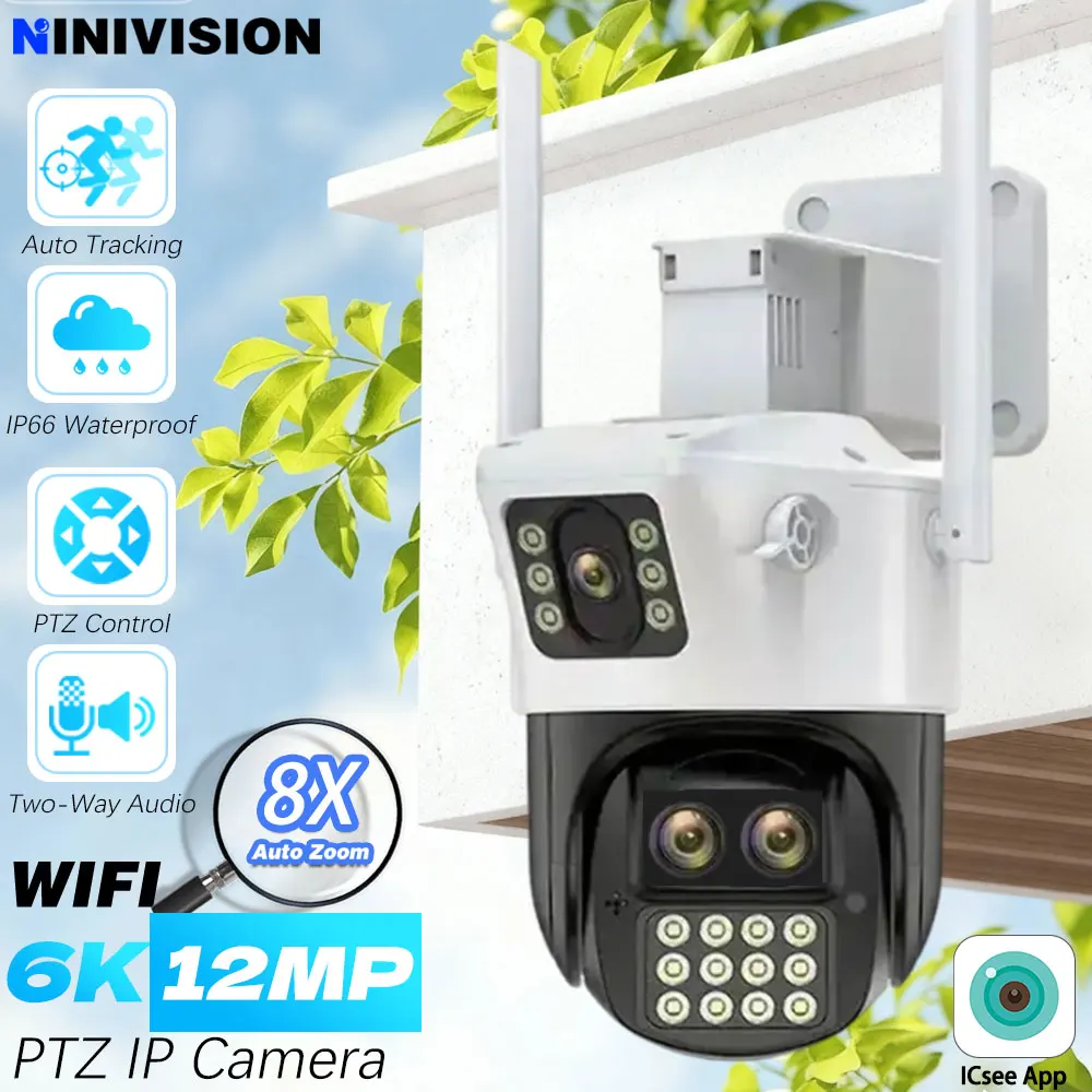 ICsee 4K 8MP WIFI IP Camera Dual Lens Dual Screen Light Alarm Outdoor Auto Tracking 4MP PTZ Security Video Surveillance Camera