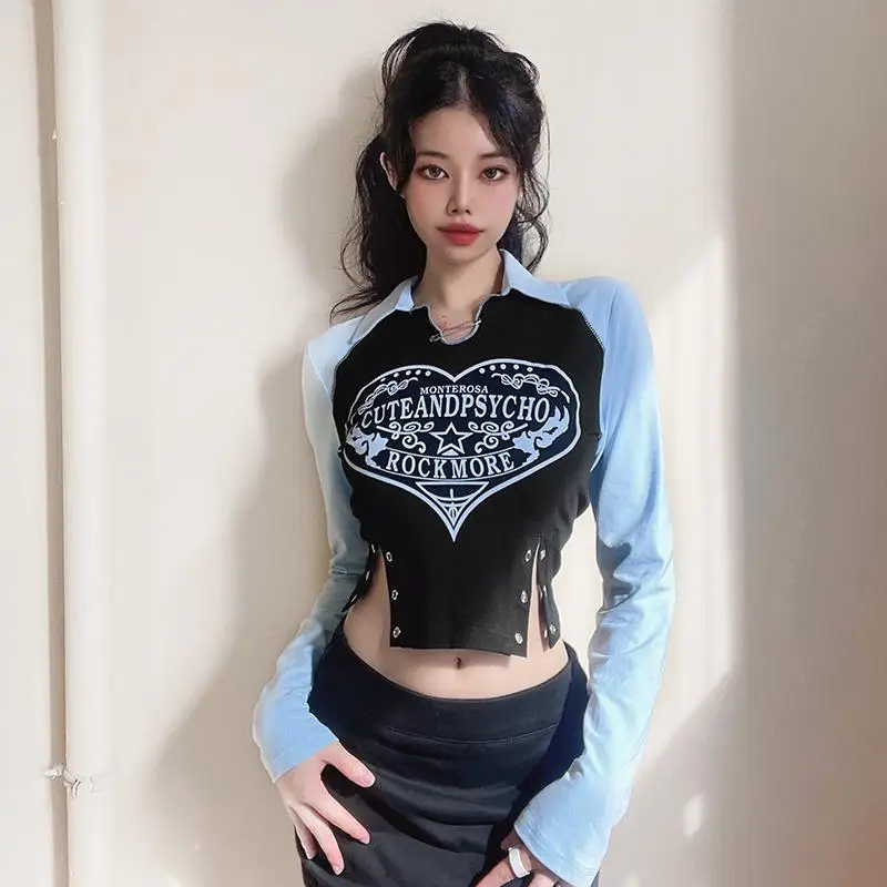 Y2K Tops Metal Pin Decoration Korean Fashion Retro Color Collision Graphic T Shirts Women Slim Polo Collar Long Sleeve Crop Tops
Y2K Tops Metal Pin Decoration Korean Fashion Retro Color Collision Graphic T Shirts Women Slim Polo Collar Long Sleeve Crop Tops