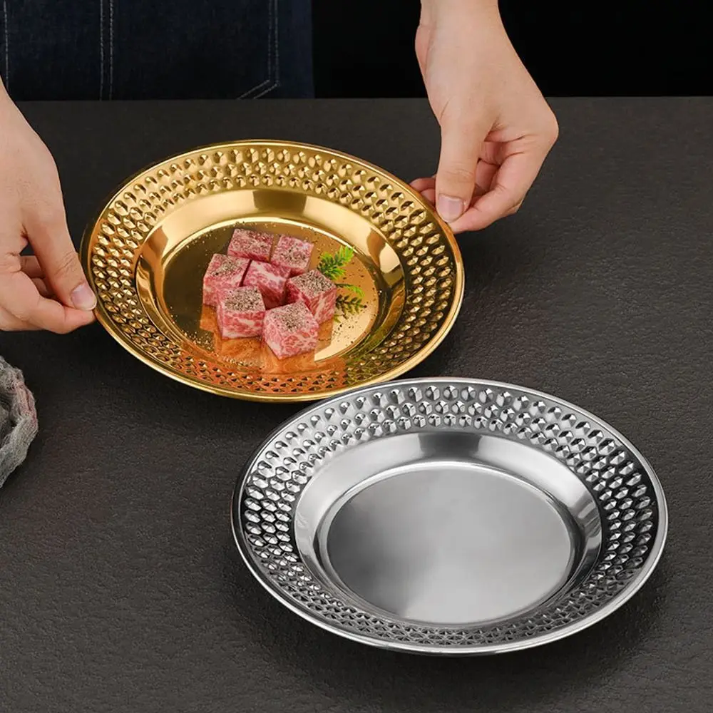 Decorative Stainless Stee Dinner Plate Portable Hammer Pattern Fruit Plate Round Thickened Dessert Snack Dish Holiday Party
Decorative Stainless Stee Dinner Plate Portable Hammer Pattern Fruit Plate Round Thickened Dessert Snack Dish Holiday Party