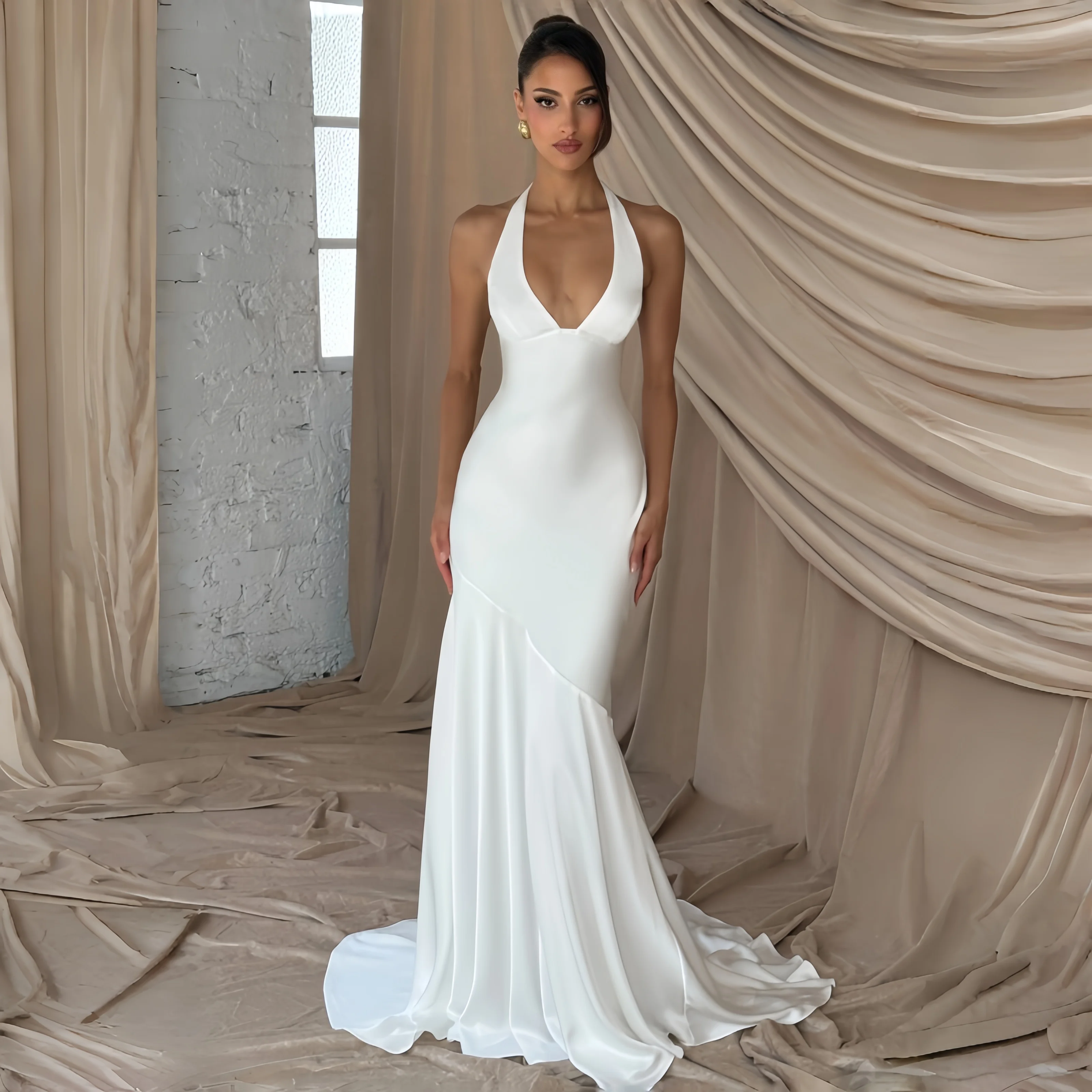 White Halter Deep V Evening Dresses Satin Bodycon Mermaid Floor Length Gown Elegant Women's Formal Evening Gowns
White Halter Deep V Evening Dresses Satin Bodycon Mermaid Floor Length Gown Elegant Women's Formal Evening Gowns