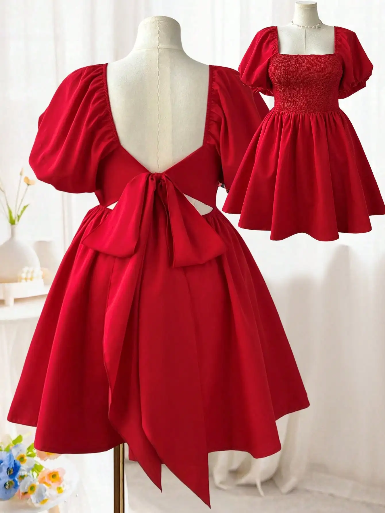 Красное платье с квадратным вырезом, пышными рукавами, бантом сзади и вырезами
Красное платье с квадратным вырезом, пышными рукавами, бантом сзади и вырезами