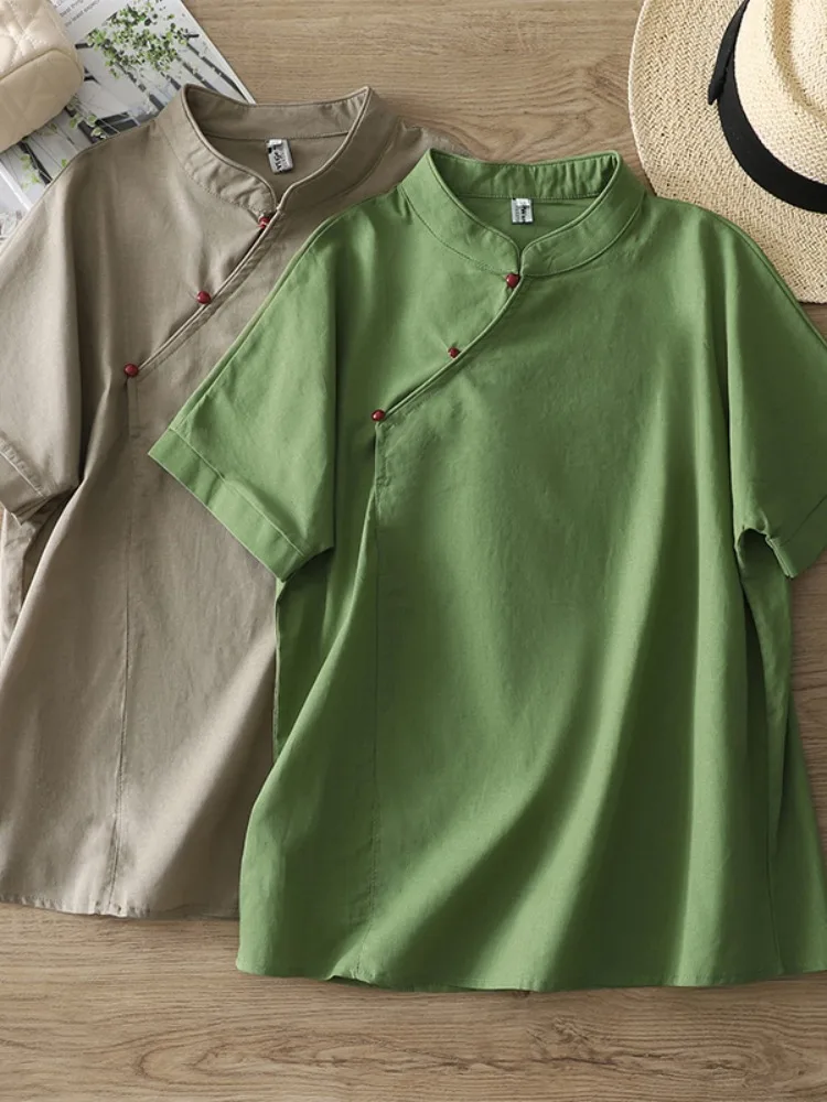 Summer Green Linen Short Sleeve Shirt Women's Cotton Linen Qipao Overhead Top Button Style Loose Fit Daily Wear Female Shirt
Summer Green Linen Short Sleeve Shirt Women's Cotton Linen Qipao Overhead Top Button Style Loose Fit Daily Wear Female Shirt