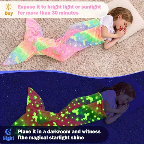 Kids Mermaid Tail Blanket Wearable Glow In The Dark Mermaid Tail And Mermaid Gifts for Girls Soft Flannel Fleece Toddler Blanket
