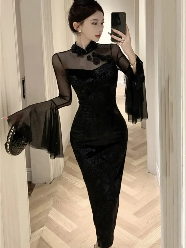 Sexy Midi Dress Women Mesh Black Velvet Patchwork Flare Sleeve Bodycon Wrap Hip Party Robe Slim Elegant One Piece Vestidos Mujer
Sexy Midi Dress Women Mesh Black Velvet Patchwork Flare Sleeve Bodycon Wrap Hip Party Robe Slim Elegant One Piece Vestidos Mujer