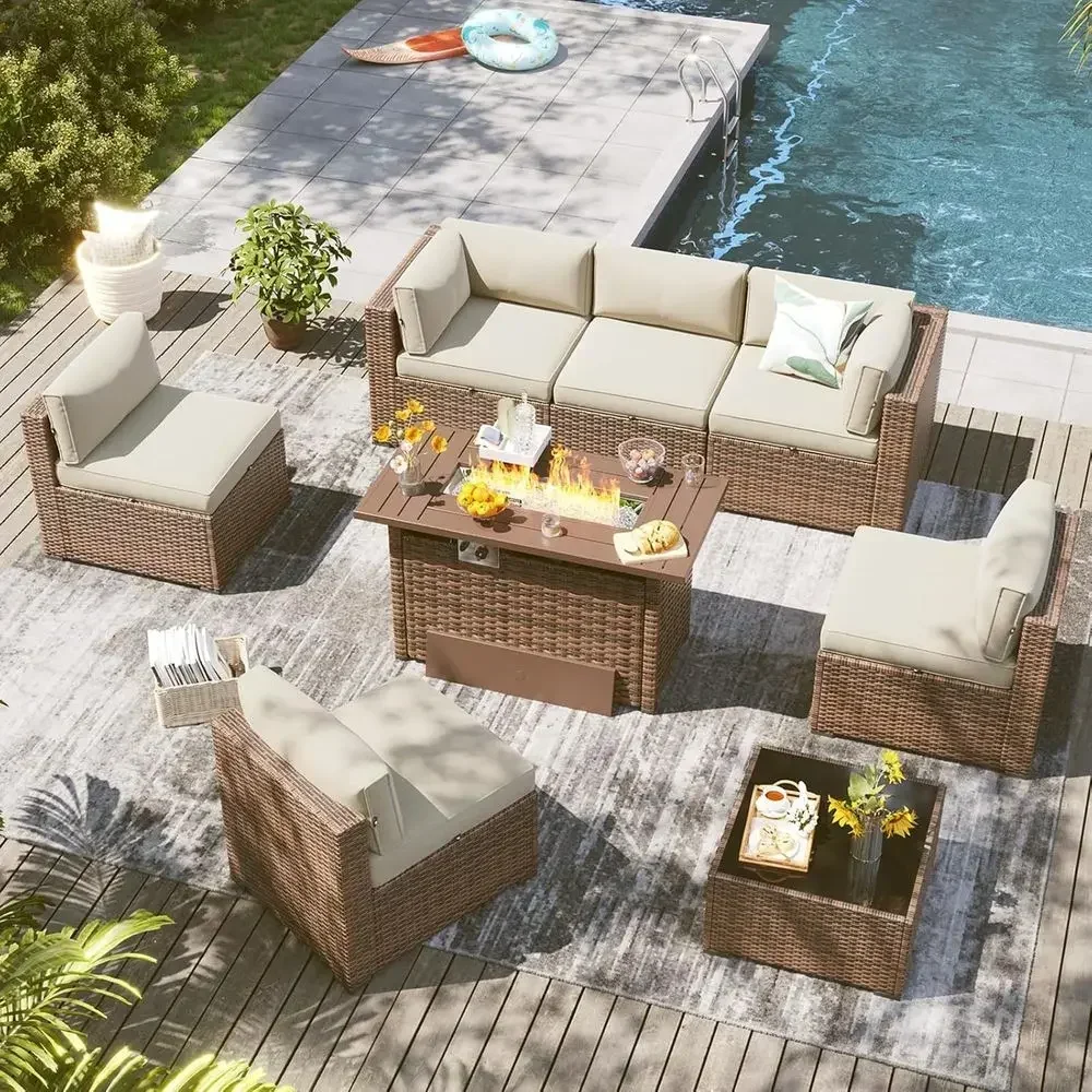 8-Piece Outdoor Patio Furniture Set with 44'' Fire Pit Table and Thick Cushions, Wicker Rattan for Backyard and Garden, Beige
8-Piece Outdoor Patio Furniture Set with 44'' Fire Pit Table and Thick Cushions, Wicker Rattan for Backyard and Garden, Beige