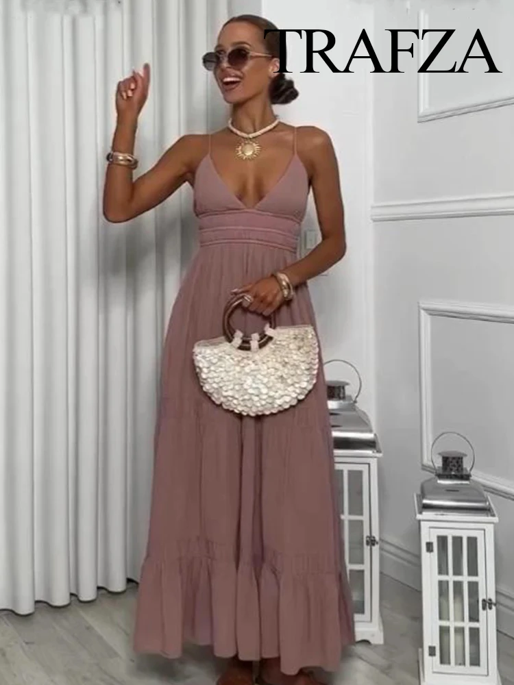 TRAFZA Women's Summer Dress V-neck Backless Sleeveless Tulle Midi Sling Dresses Female Chic Sexy Lace-up Woman Long Dress
TRAFZA Women's Summer Dress V-neck Backless Sleeveless Tulle Midi Sling Dresses Female Chic Sexy Lace-up Woman Long Dress