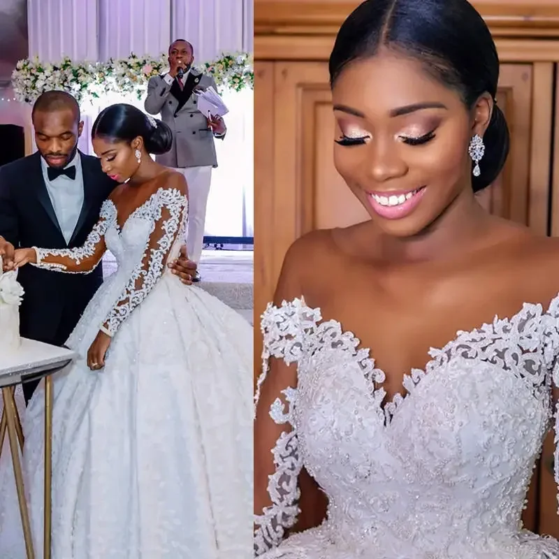 Customized African Fashion Black Women New Luxury Long Sleeve Ball Wedding Dress Illusion Top Pearl Beaded Lace Bridal Gown
Customized African Fashion Black Women New Luxury Long Sleeve Ball Wedding Dress Illusion Top Pearl Beaded Lace Bridal Gown