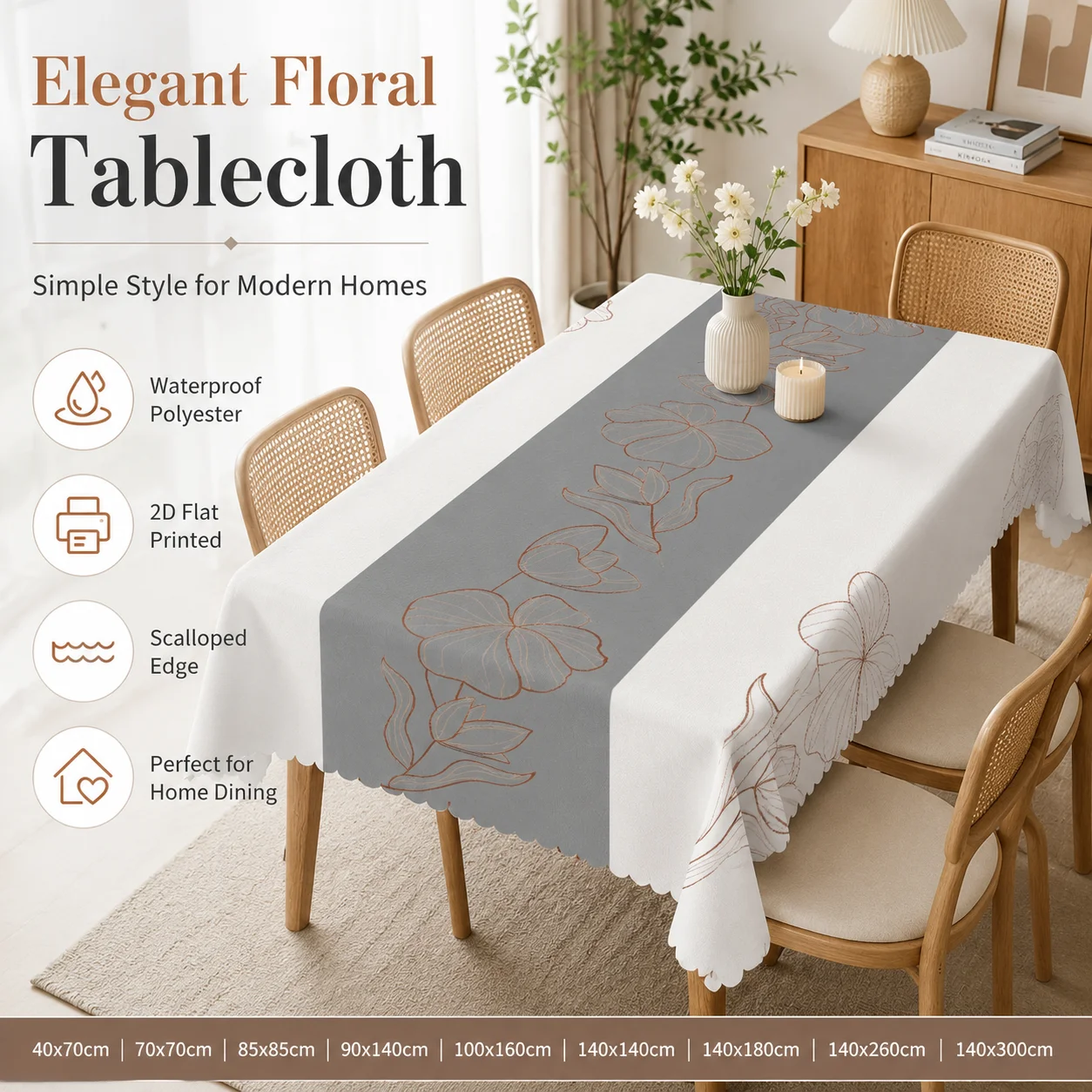 Elegant Floral Tablecloth Waterproof Polyester 2D Flat Printed Table Cover Scalloped Edge For Modern Home Dining Room Kitchen
Elegant Floral Tablecloth Waterproof Polyester 2D Flat Printed Table Cover Scalloped Edge For Modern Home Dining Room Kitchen