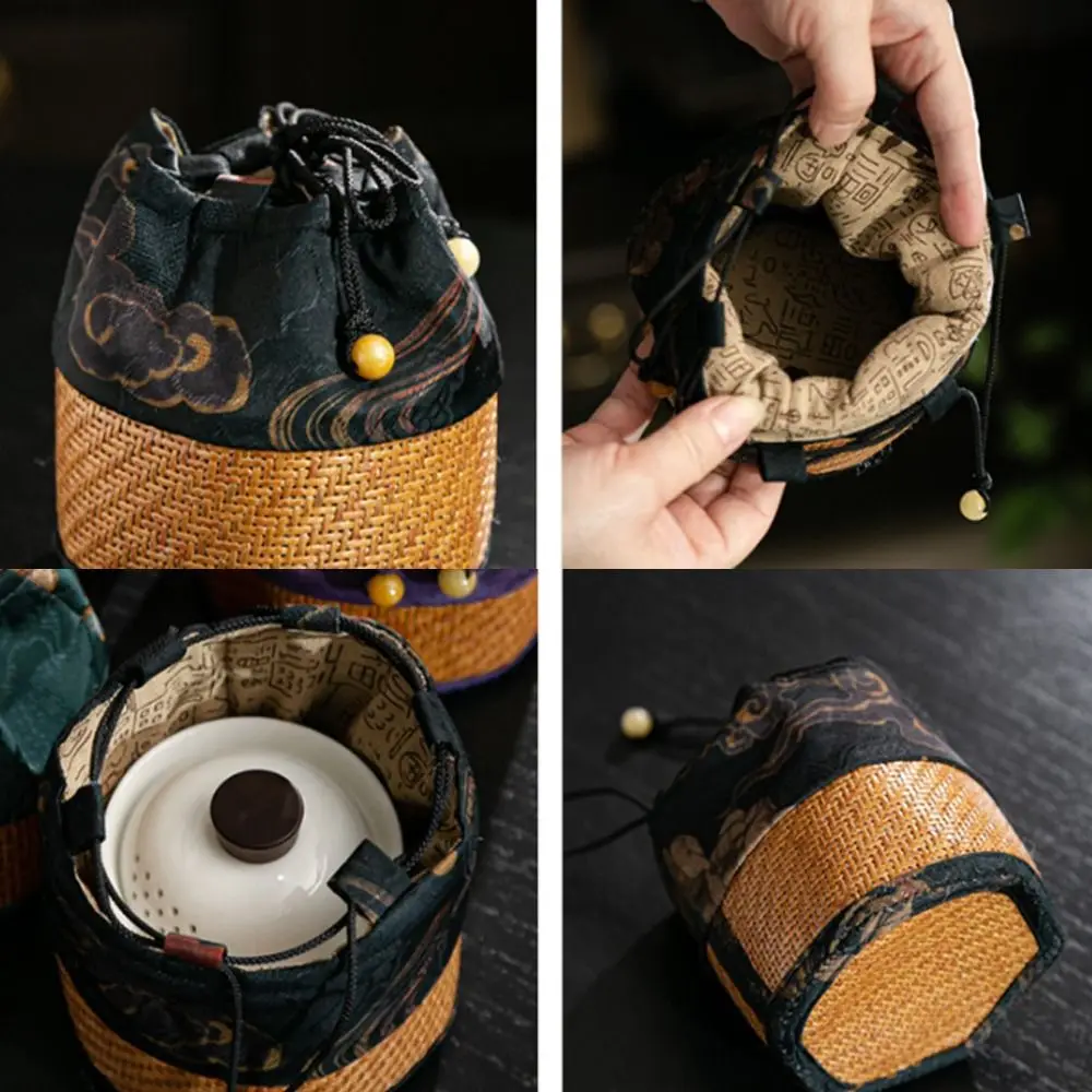 New Handmade Rattan Pattern Storage Bag with Handle Portableh Spliced Drawstring Pocket Teapot Bag For Small Cup