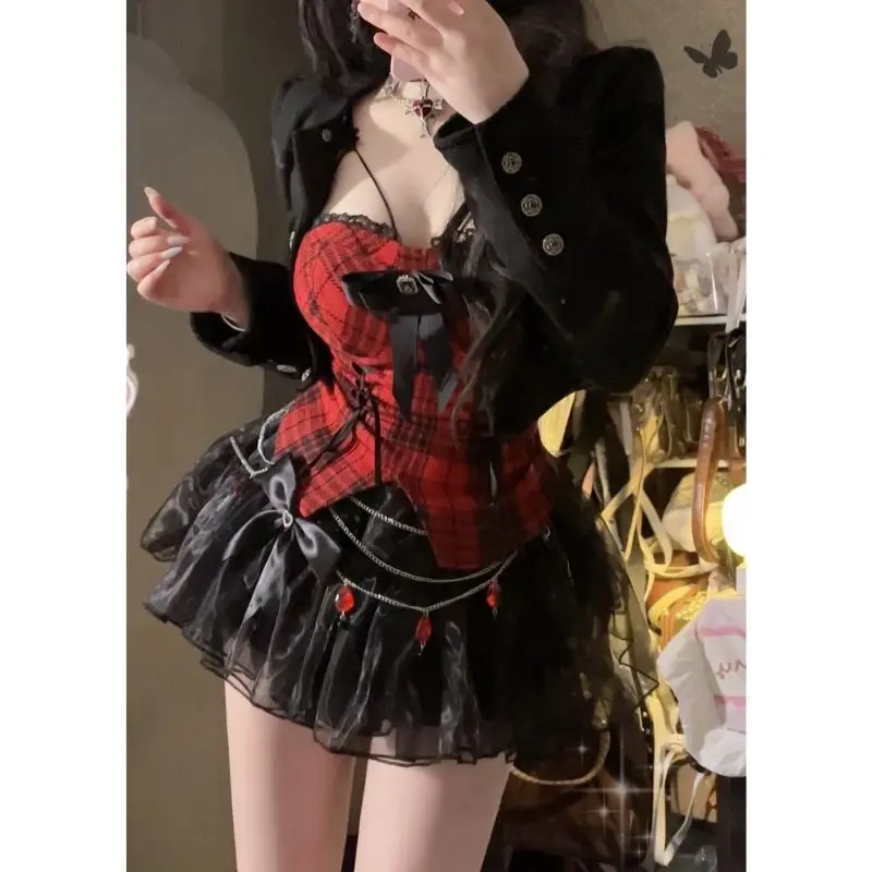 Gothic Y2k Lolita 3 Piece Set Women Sexy Bow Plaid Vest Short Jackets Mesh Mini Skirts Female Japanese Fashion Punk Outfit 2025
Gothic Y2k Lolita 3 Piece Set Women Sexy Bow Plaid Vest Short Jackets Mesh Mini Skirts Female Japanese Fashion Punk Outfit 2025