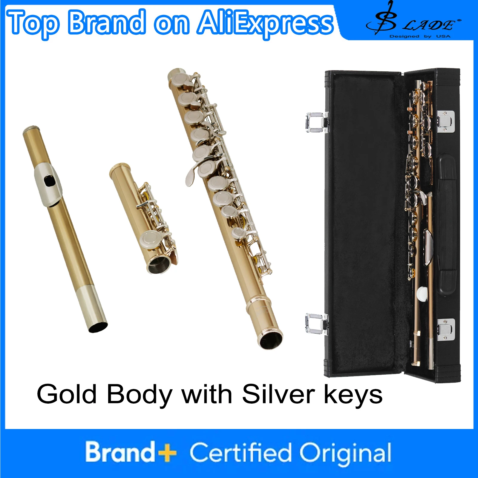 SLADE Sliver Flute 16 Closed Holes Flute C Key Gold Tube Key Flute Professional Wind Instruments Transverse Flute with E key
SLADE Sliver Flute 16 Closed Holes Flute C Key Gold Tube Key Flute Professional Wind Instruments Transverse Flute with E key