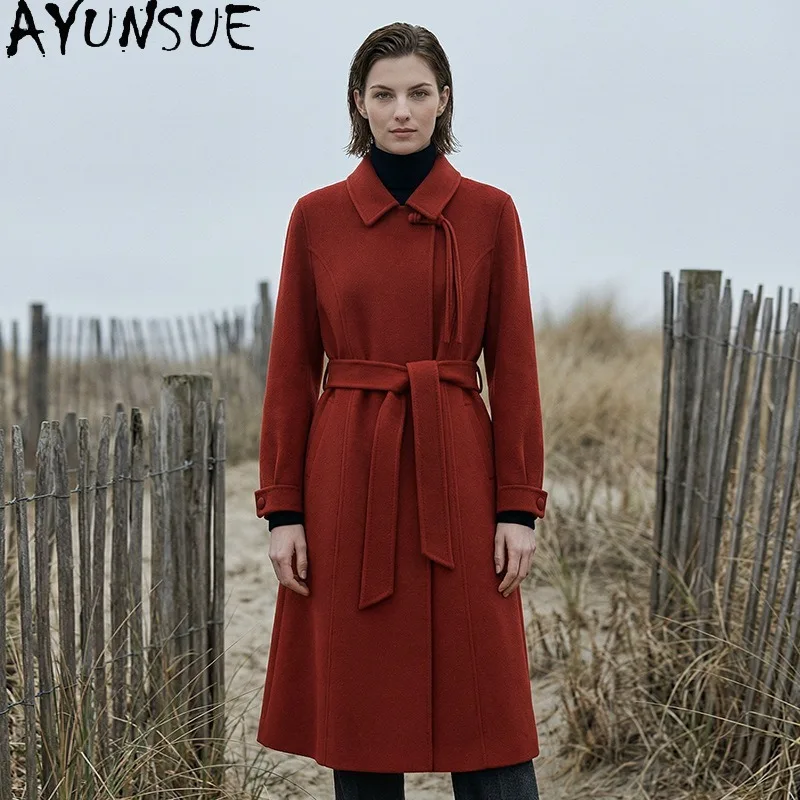 AYUNSUE Women's 100% Wool Coat Lace-up Cinched Waist Double-sided Woolen Jacket Autumn Winter Long Red Outerwear Woman Clothes
AYUNSUE Women's 100% Wool Coat Lace-up Cinched Waist Double-sided Woolen Jacket Autumn Winter Long Red Outerwear Woman Clothes