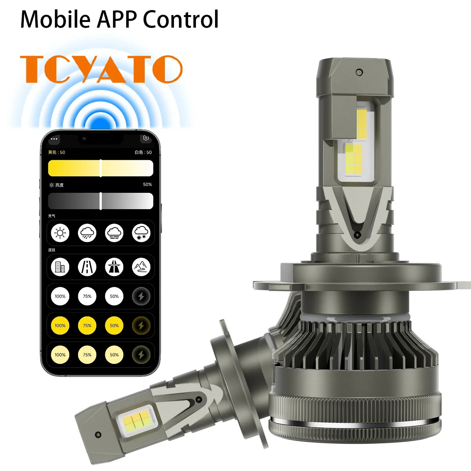TCYATO Intelligent control and color temperature adjustment of automotive LED mobile app, high-power and ultra bright headlights
TCYATO Intelligent control and color temperature adjustment of automotive LED mobile app, high-power and ultra bright headlights