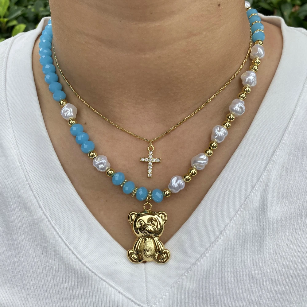 New Brass 18K Gold Adjustable Pearl Natural Stone Beaded Chain Bear Charm Cross Necklace Women
New Brass 18K Gold Adjustable Pearl Natural Stone Beaded Chain Bear Charm Cross Necklace Women