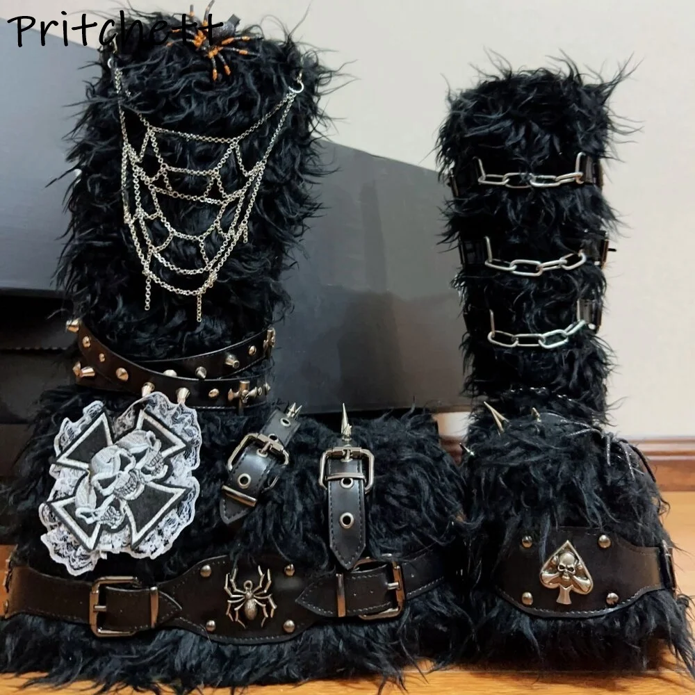 Черные меховые сапоги с пряжкой и заклепками, однотонные темные металлические туфли в стиле панк для девочек на платформе, туфли на толстой подошве с круглым носком и металлической цепочкой
Черные меховые сапоги с пряжкой и заклепками, однотонные темные металлические туфли в стиле панк для девочек на платформе, туфли на толстой подошве с круглым носком и металлической цепочкой