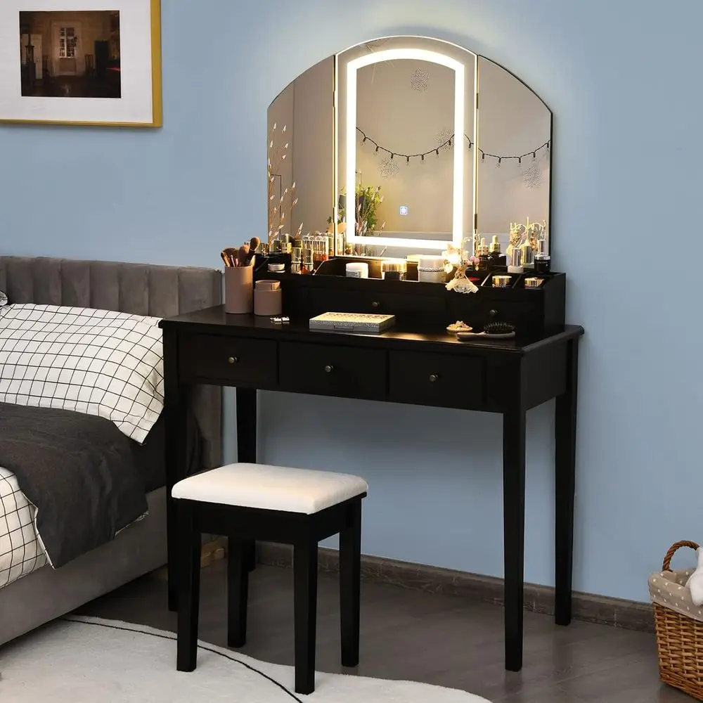 Lighted Tri-fold Mirror Vanity Desk with 6 Drawers, 12 Storage, Cushioned Stool, Black
Lighted Tri-fold Mirror Vanity Desk with 6 Drawers, 12 Storage, Cushioned Stool, Black