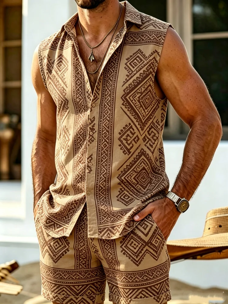 Men's Sleeveless Button-Down Shirt & Shorts Set, Loose Comfort Beige Aztec Tribal Print Casual Summer Outfit
Men's Sleeveless Button-Down Shirt & Shorts Set, Loose Comfort Beige Aztec Tribal Print Casual Summer Outfit