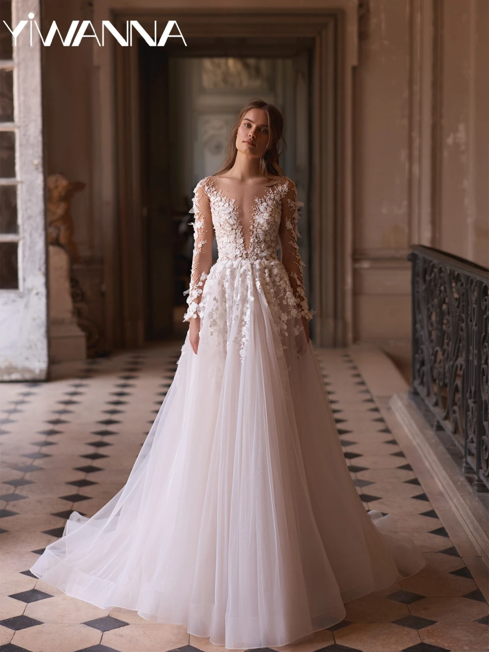 Illision Deep V-neck Long Sleeve Wedding Dress Shiny Pearls 3D Flower Bridal Gown Customized A-line Tulle Dresses For Bride
Illision Deep V-neck Long Sleeve Wedding Dress Shiny Pearls 3D Flower Bridal Gown Customized A-line Tulle Dresses For Bride