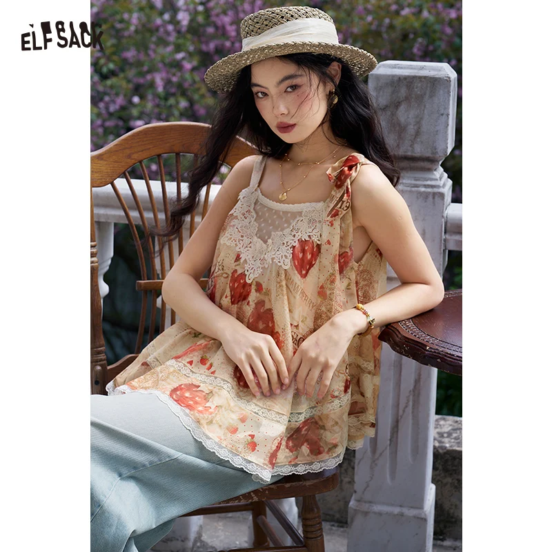 ELFSACK Strawberry Print Lace Blouse, Gothic Court Ruffle Trim Cami Top, Sweet Casual Vacation Wear for Women
ELFSACK Strawberry Print Lace Blouse, Gothic Court Ruffle Trim Cami Top, Sweet Casual Vacation Wear for Women