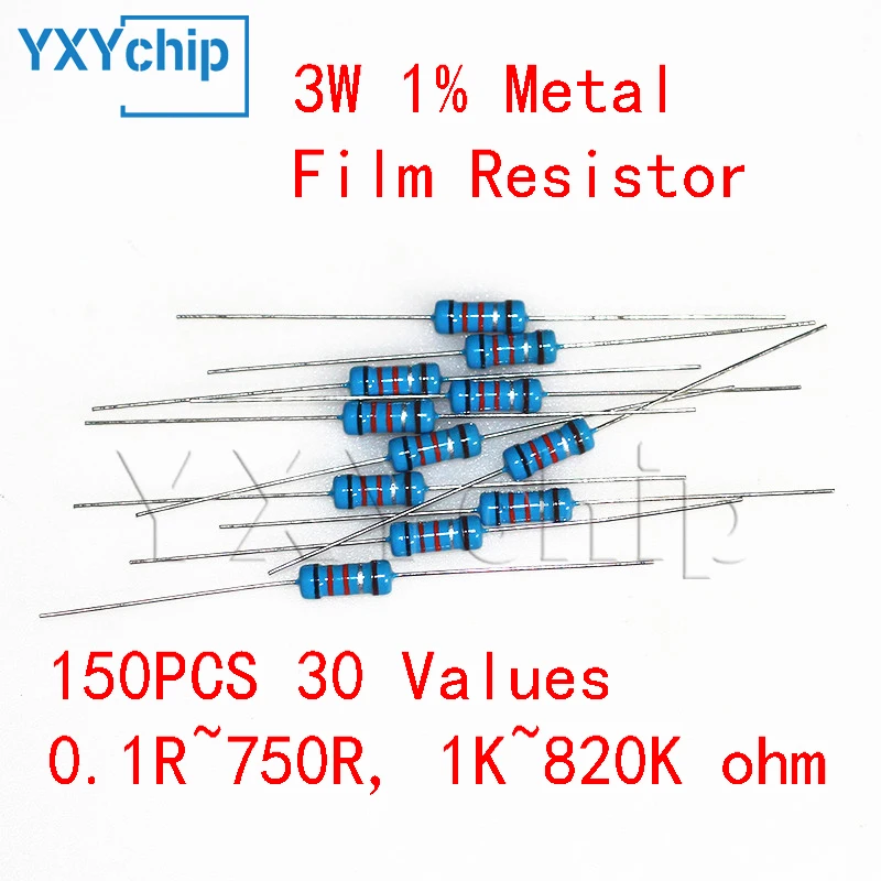 150PCS 3W 1% Metal Film Resistor Kit 30 Values 0.1R~750R, 1K~820K ohm Resistor Pack Assorted Set Resistors Diy Electronic Kit
150PCS 3W 1% Metal Film Resistor Kit 30 Values 0.1R~750R, 1K~820K ohm Resistor Pack Assorted Set Resistors Diy Electronic Kit