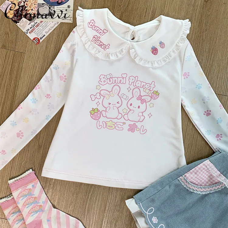 Sweet Girl Cute Strawberry Rabbit Long Sleeves with Doll Collar Fashion Embroider Printing Lolita Kawaii Daughter Clothes Tops
Sweet Girl Cute Strawberry Rabbit Long Sleeves with Doll Collar Fashion Embroider Printing Lolita Kawaii Daughter Clothes Tops