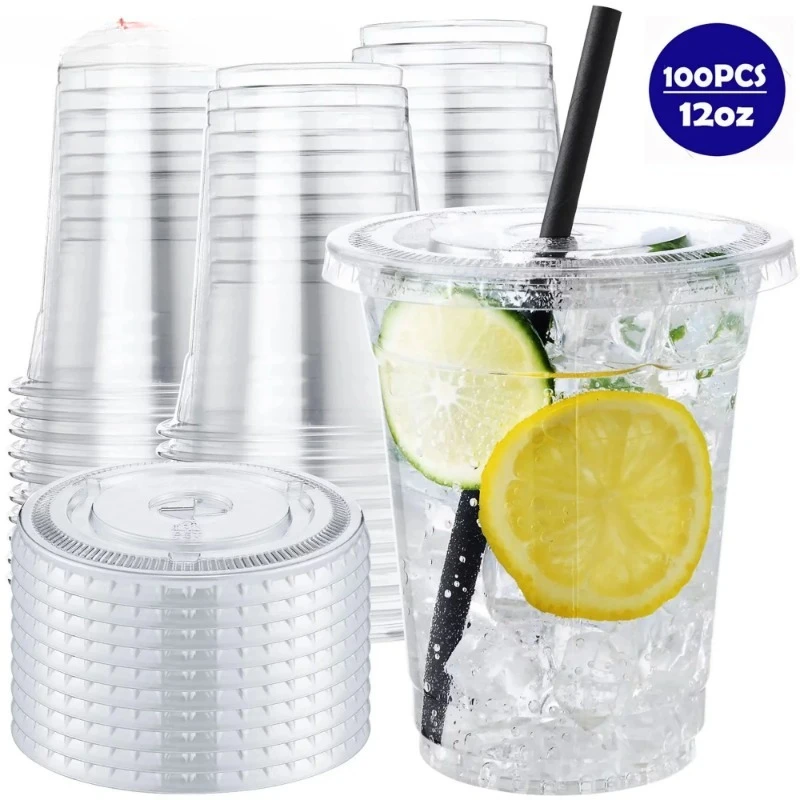 100 Sets 12oz Clear Cups with Lids, Disposable Coffee Cups with Flat Lids for Iced Coffee 
100 Sets 12oz Clear Cups with Lids, Disposable Coffee Cups with Flat Lids for Iced Coffee