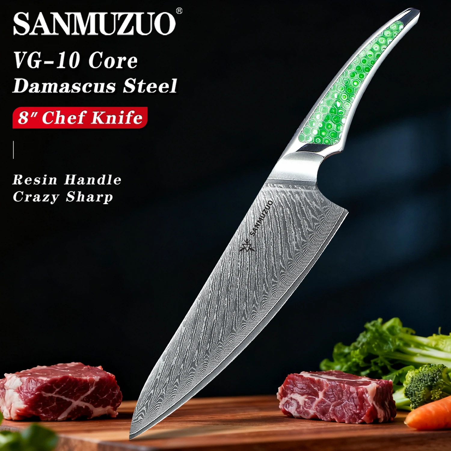 SANMUZUO 8 Inch Chef Knife -LAS9 Series -VG10 Damascus Steel Kitchen Knife -Ultra Sharp Professional Cooking Knife -Resin Handle
SANMUZUO 8 Inch Chef Knife -LAS9 Series -VG10 Damascus Steel Kitchen Knife -Ultra Sharp Professional Cooking Knife -Resin Handle