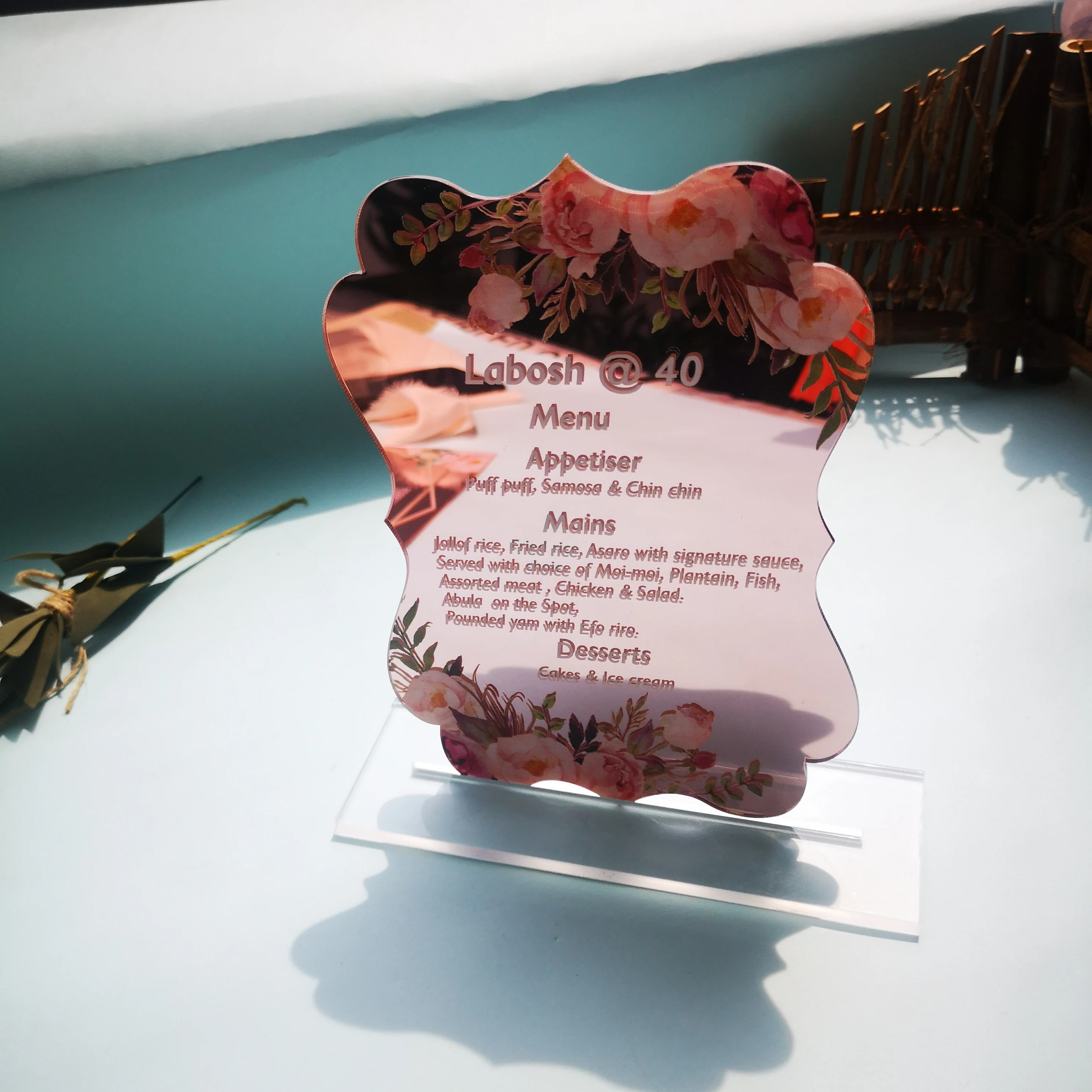 Acrylic Laser Cut Wedding Invitation Card, Flower Elements, Civil Shape, Rose Golden Mirror, White Printing, 5*7Inch, Sample
Acrylic Laser Cut Wedding Invitation Card, Flower Elements, Civil Shape, Rose Golden Mirror, White Printing, 5*7Inch, Sample