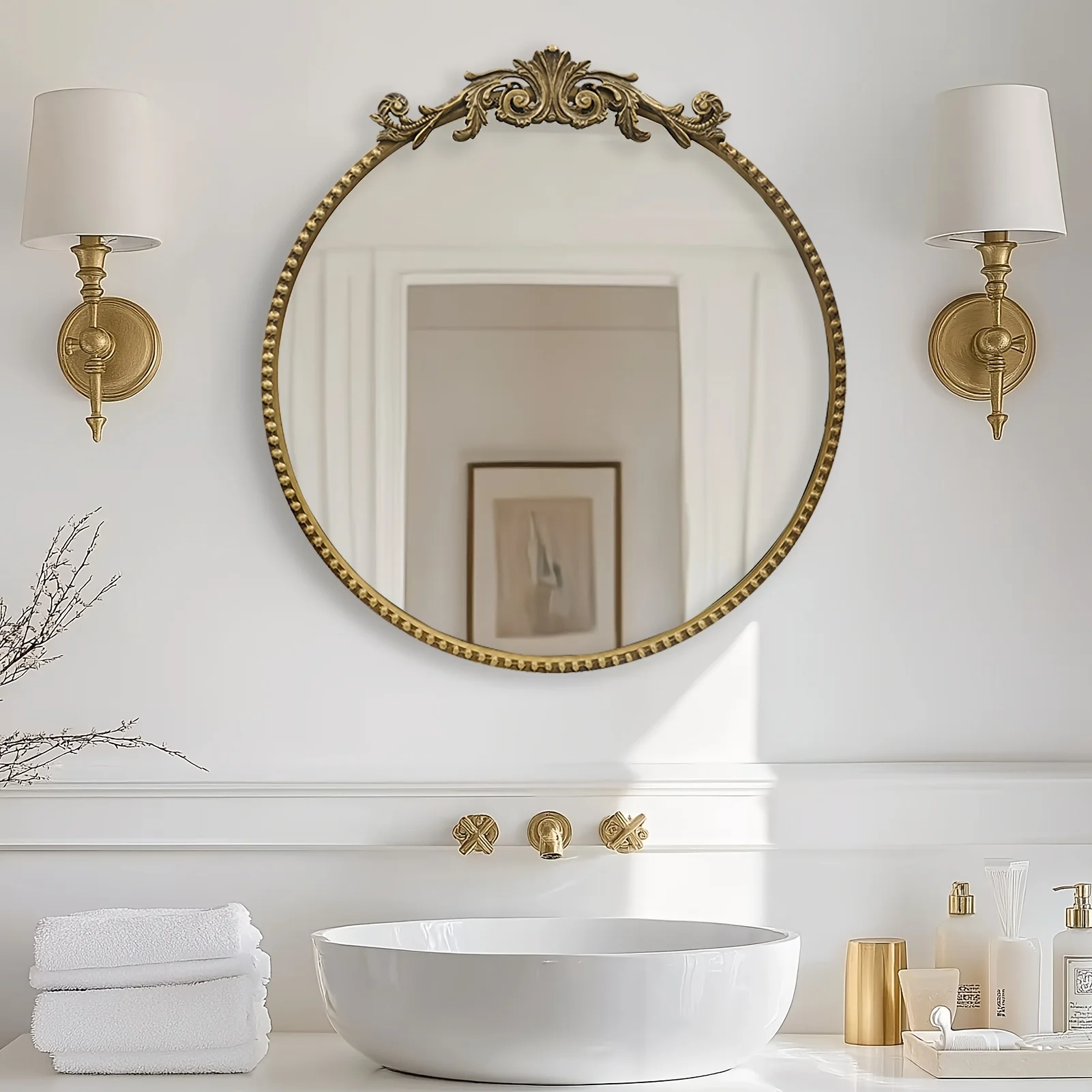 Growsun 28" Vintage Round Mirror Baroque Style Circle Mirror Metal Frame Wall Mirrors for Vanity, Bathroom Or Bedroom
Growsun 28" Vintage Round Mirror Baroque Style Circle Mirror Metal Frame Wall Mirrors for Vanity, Bathroom Or Bedroom