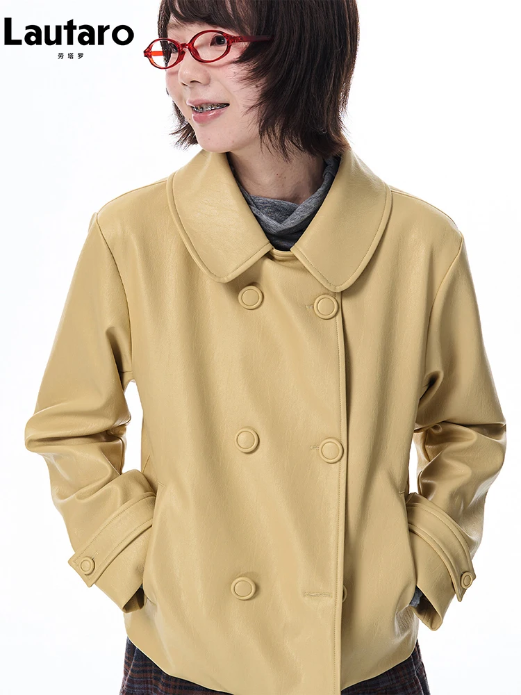 Lautaro Spring Autumn Short Yelllow Pu Leather Jacket Women Peter Pan collar Double Breasted Chic Luxury Desinger Clothes 2026
Lautaro Spring Autumn Short Yelllow Pu Leather Jacket Women Peter Pan collar Double Breasted Chic Luxury Desinger Clothes 2026