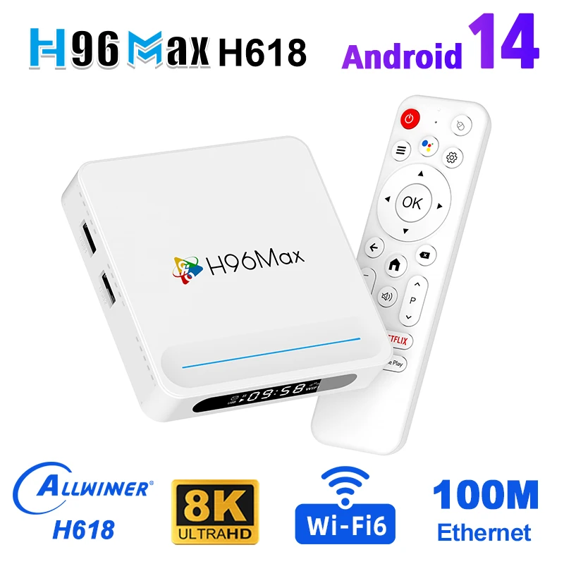 H96 MAX H618 Plus Android 14 TV Box Allwinner H618 Quad Core 2025 8K BT5.4 Smart TV BOX Wifi6 Google Voice Play Games
H96 MAX H618 Plus Android 14 TV Box Allwinner H618 Quad Core 2025 8K BT5.4 Smart TV BOX Wifi6 Google Voice Play Games