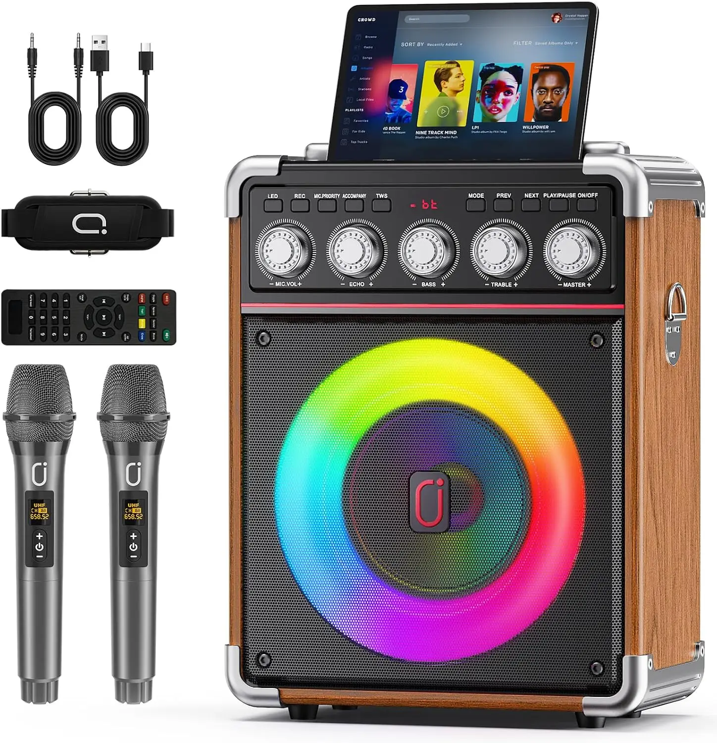 Karaoke Machine with 2 Wireless Mics, Portable Bluetooth Speaker, PA System with Bass/Treble/Echo, TWS/TV/TF/USB/AUX
Karaoke Machine with 2 Wireless Mics, Portable Bluetooth Speaker, PA System with Bass/Treble/Echo, TWS/TV/TF/USB/AUX