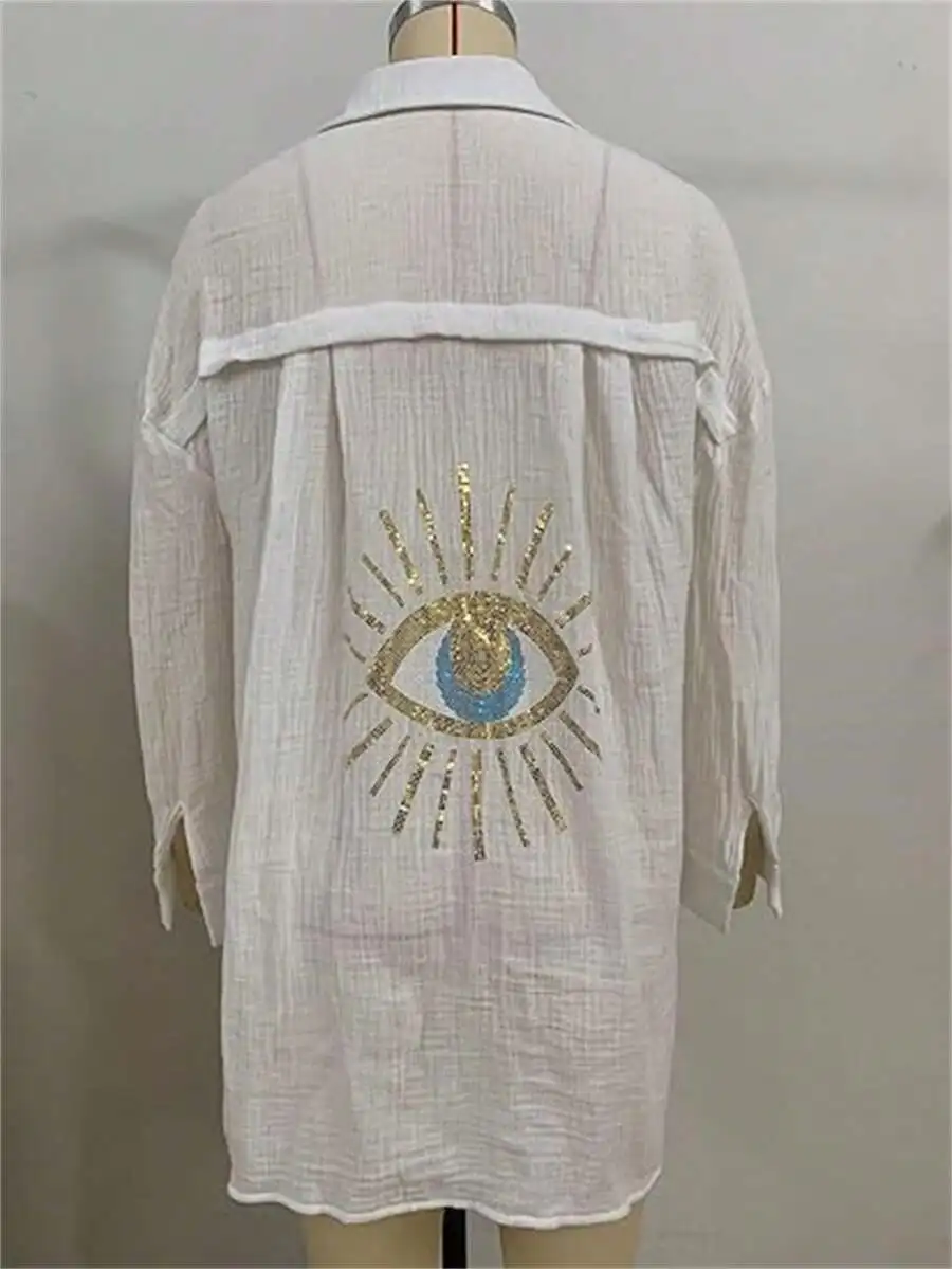 White Long Sleeve Button Down Shirt With Evil Eye Sequin Embroidery Oversized Loose Fit Batwing Sleeve Beach Cover Up
White Long Sleeve Button Down Shirt With Evil Eye Sequin Embroidery Oversized Loose Fit Batwing Sleeve Beach Cover Up